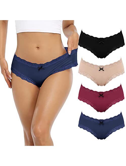 ATTRACO Women's Underwear Soft Lace Hipster Panties Stretch Nylon Mid-Rise Briefs 4 Pack