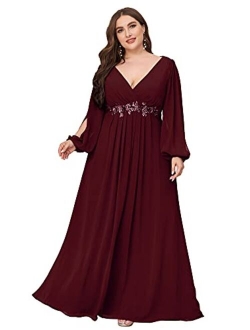 Plus Women's Maxi V Neck Long Slit Sleeves Floral Applique Formal Evening Dress Plus Size 00461