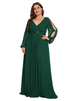 Plus Women's Maxi V Neck Long Slit Sleeves Floral Applique Formal Evening Dress Plus Size 00461