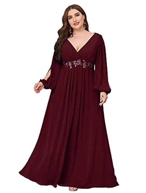 Ever-Pretty Plus Women's Maxi V Neck Long Slit Sleeves Floral Applique Formal Evening Dress Plus Size 00461