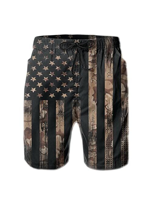 SDFGE Mens American Flag Camouflage Swim Trunks Patriotic Quick Dry Summer Beach Shorts with Mesh Lining and Pockets