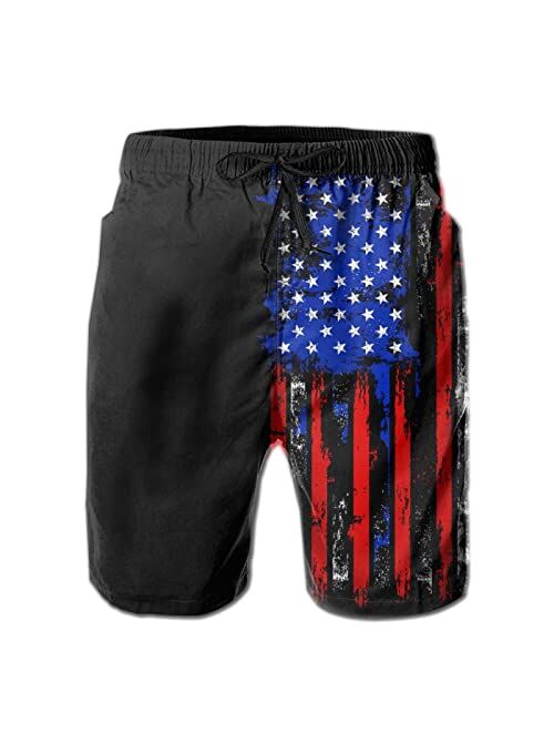 SDFGE Mens Distressed American Flag Swim Trunks Patriotic Quick Dry Summer Beach Shorts with Mesh Lining and Pockets