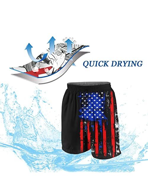 SDFGE Mens Distressed American Flag Swim Trunks Patriotic Quick Dry Summer Beach Shorts with Mesh Lining and Pockets