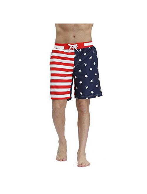 Corna Quick Dry Flag Printed Swim Trunks Surf Skate Street Board Shorts for Men with Mesh Lining Plus Size S~3XL