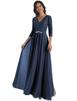 Yorformals Women's V-Neck Lace Appliques Chiffon Mother of The Bride Dress with Sleeves Long Evening Formal Dress