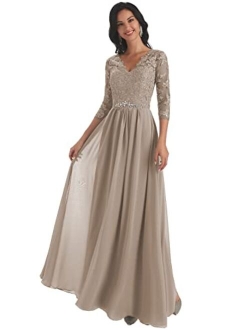 Yorformals Women's V-Neck Lace Appliques Chiffon Mother of The Bride Dress with Sleeves Long Evening Formal Dress