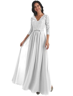 Yorformals Women's V-Neck Lace Appliques Chiffon Mother of The Bride Dress with Sleeves Long Evening Formal Dress