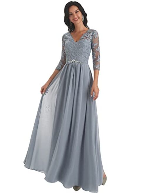 Yorformals Women's V-Neck Lace Appliques Chiffon Mother of The Bride Dress with Sleeves Long Evening Formal Dress