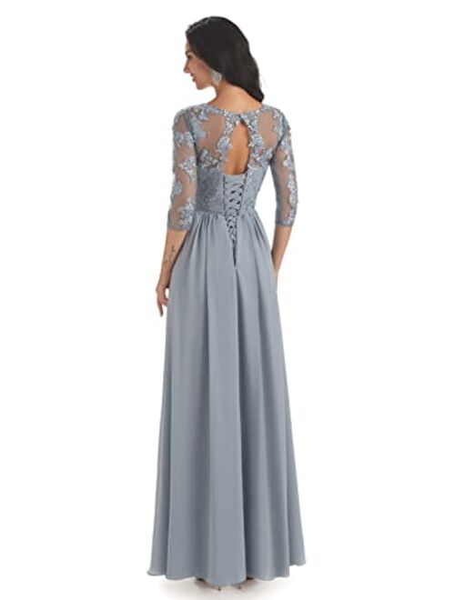 Yorformals Women's V-Neck Lace Appliques Chiffon Mother of The Bride Dress with Sleeves Long Evening Formal Dress