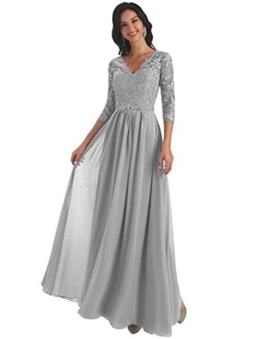 Yorformals Women's V-Neck Lace Appliques Chiffon Mother of The Bride Dress with Sleeves Long Evening Formal Dress