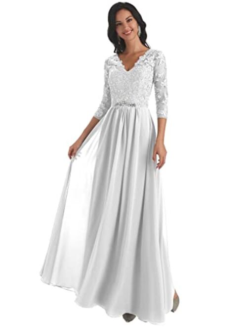 Yorformals Women's V-Neck Lace Appliques Chiffon Mother of The Bride Dress with Sleeves Long Evening Formal Dress