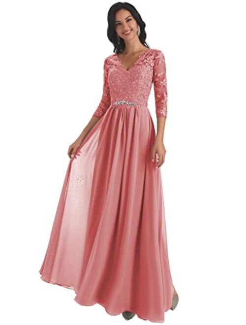 Yorformals Women's V-Neck Lace Appliques Chiffon Mother of The Bride Dress with Sleeves Long Evening Formal Dress