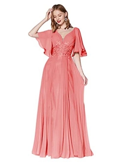 Vici Gowner V Neck Lace Appliqued Mother of The Bride Dress with Short Sleeves Long Formal Evening Gowns