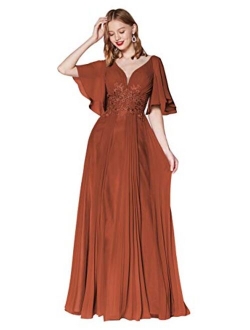 Vici Gowner V Neck Lace Appliqued Mother of The Bride Dress with Short Sleeves Long Formal Evening Gowns