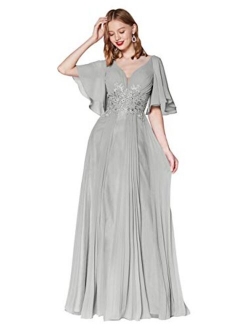 Vici Gowner V Neck Lace Appliqued Mother of The Bride Dress with Short Sleeves Long Formal Evening Gowns