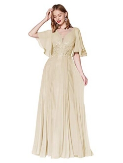 Vici Gowner V Neck Lace Appliqued Mother of The Bride Dress with Short Sleeves Long Formal Evening Gowns