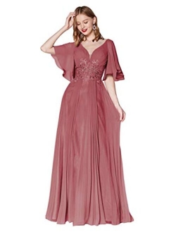 Vici Gowner V Neck Lace Appliqued Mother of The Bride Dress with Short Sleeves Long Formal Evening Gowns