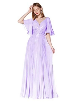 Vici Gowner V Neck Lace Appliqued Mother of The Bride Dress with Short Sleeves Long Formal Evening Gowns