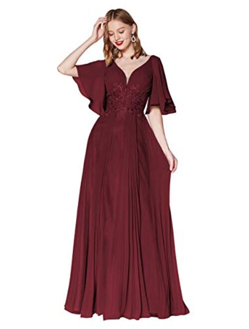 Vici Gowner V Neck Lace Appliqued Mother of The Bride Dress with Short Sleeves Long Formal Evening Gowns