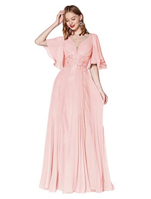 Vici Gowner V Neck Lace Appliqued Mother of The Bride Dress with Short Sleeves Long Formal Evening Gowns