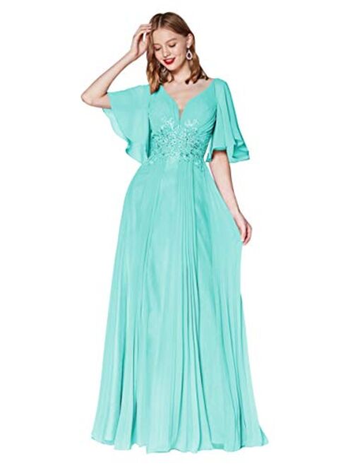 Vici Gowner V Neck Lace Appliqued Mother of The Bride Dress with Short Sleeves Long Formal Evening Gowns