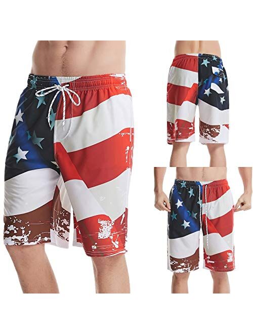 DAOJOSL Men's Elastic Waist Quick Dry Patriotic Swim Trunks - USA Flag Swim Suit Independece Day Beach Board Shorts