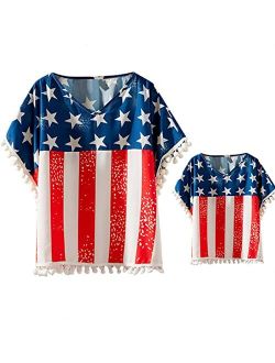 OLOPE Mommy and Me 4th of July American Flag Print T-Shirt Family Matching Flag Print Cute Tops for Women Parent-Child Matc