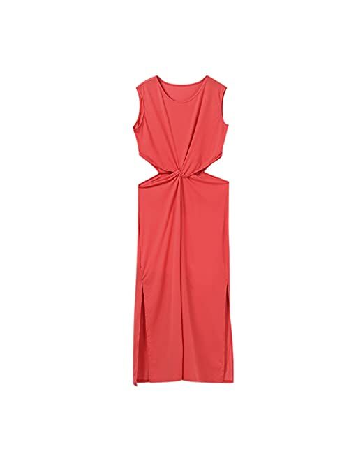 YADEOU Women Double Slit Maxi Dress Tropical Style Sleeveless Crew Neck Twist Knot Cut Out Open Waist Beach Evening Dresses