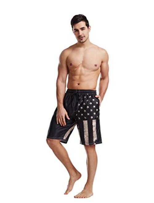 UOER Dark Black American Flag Mens Beach Shorts Swimming Trunks Quick Drying Board Shorts with Mesh Lining