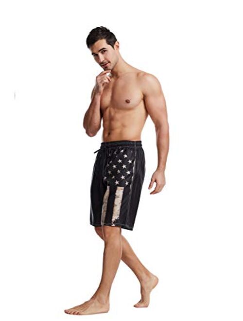 UOER Dark Black American Flag Mens Beach Shorts Swimming Trunks Quick Drying Board Shorts with Mesh Lining