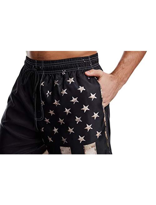 UOER Dark Black American Flag Mens Beach Shorts Swimming Trunks Quick Drying Board Shorts with Mesh Lining