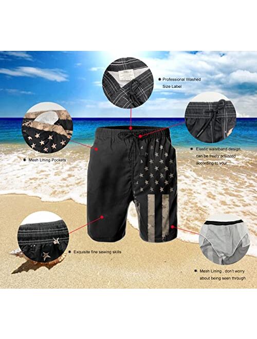 UOER Dark Black American Flag Mens Beach Shorts Swimming Trunks Quick Drying Board Shorts with Mesh Lining