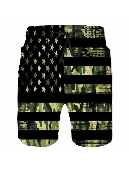 UOER Dark Black American Flag Mens Beach Shorts Swimming Trunks Quick Drying Board Shorts with Mesh Lining