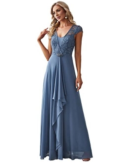 Women's Long A-line Lace Cap Sleeve Chiffon Formal Evening Gowns 7986