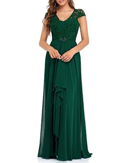 Women's Long A-line Lace Cap Sleeve Chiffon Formal Evening Gowns 7986