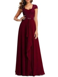 Women's Long A-line Lace Cap Sleeve Chiffon Formal Evening Gowns 7986