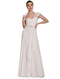 Women's Long A-line Lace Cap Sleeve Chiffon Formal Evening Gowns 7986