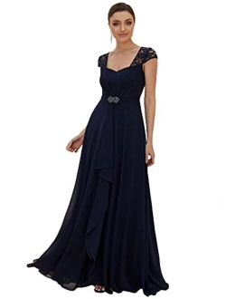 Women's Long A-line Lace Cap Sleeve Chiffon Formal Evening Gowns 7986