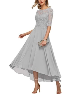 Kosoze Lace Applique Mother of The Bride Dress 1/2 Sleeve High Low Chifon Formal Evening Dress for Wedding Guest Scoop Neck