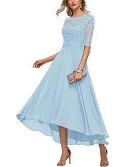 Kosoze Lace Applique Mother of The Bride Dress 1/2 Sleeve High Low Chifon Formal Evening Dress for Wedding Guest Scoop Neck