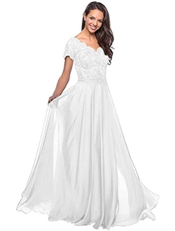 Mozhete Women's V-Neck Lace Long Mother of The Bride Dress with Pockets Formal Evening Gown