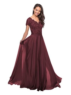 Mozhete Women's V-Neck Lace Long Mother of The Bride Dress with Pockets Formal Evening Gown