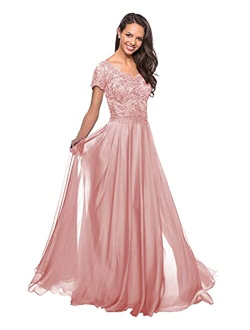 Mozhete Women's V-Neck Lace Long Mother of The Bride Dress with Pockets Formal Evening Gown