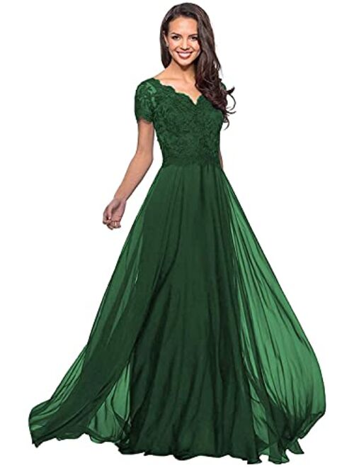 Mozhete Women's V-Neck Lace Long Mother of The Bride Dress with Pockets Formal Evening Gown