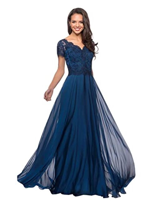 Mozhete Women's V-Neck Lace Long Mother of The Bride Dress with Pockets Formal Evening Gown