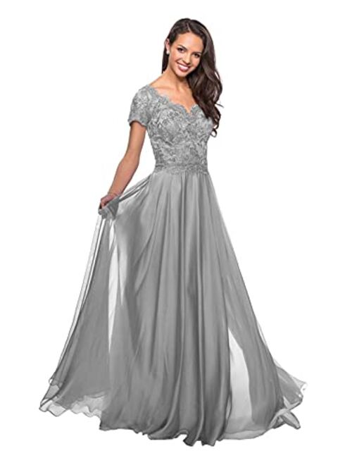 Mozhete Women's V-Neck Lace Long Mother of The Bride Dress with Pockets Formal Evening Gown