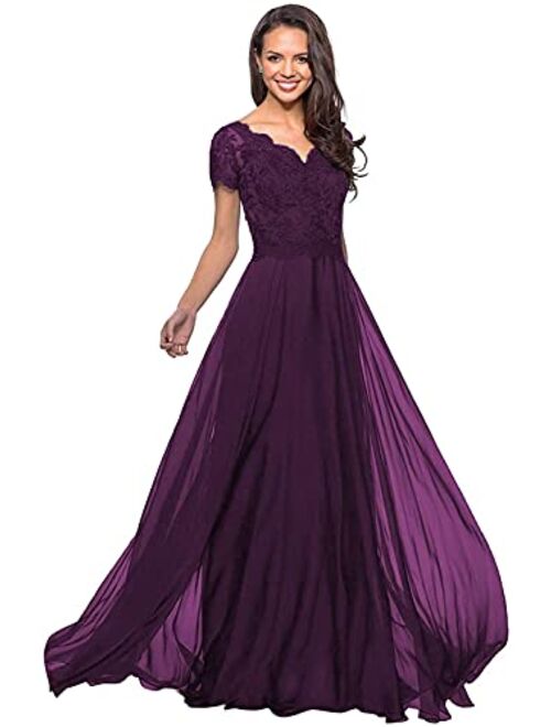 Mozhete Women's V-Neck Lace Long Mother of The Bride Dress with Pockets Formal Evening Gown