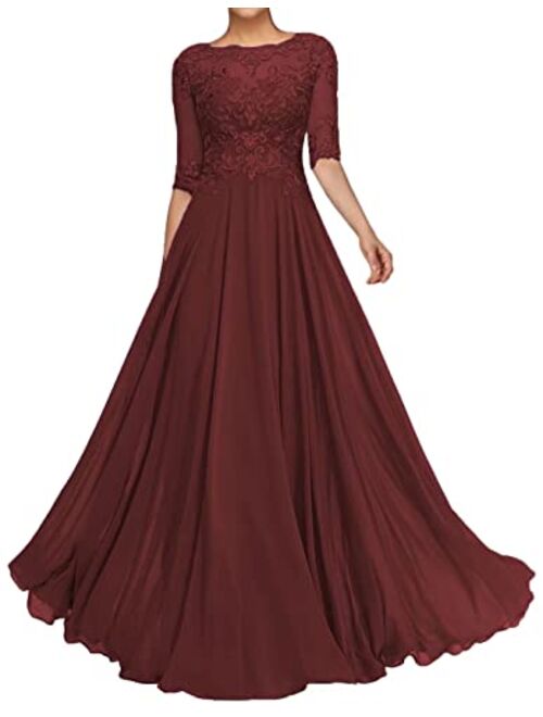 Fangheia Women's Lace Appliques Mother of The Bride Dresses 1/2 Sleeve Long Formal Evening Dresses for Wedding Guest