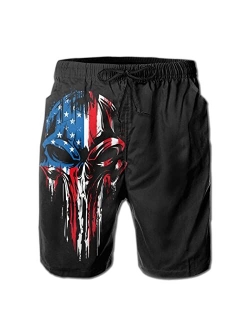 WZOMT Men's American Flag Skull Swim Trunks Quick Dry Bathing Suits Casual Beach Board Shorts with Cool Mesh Lining