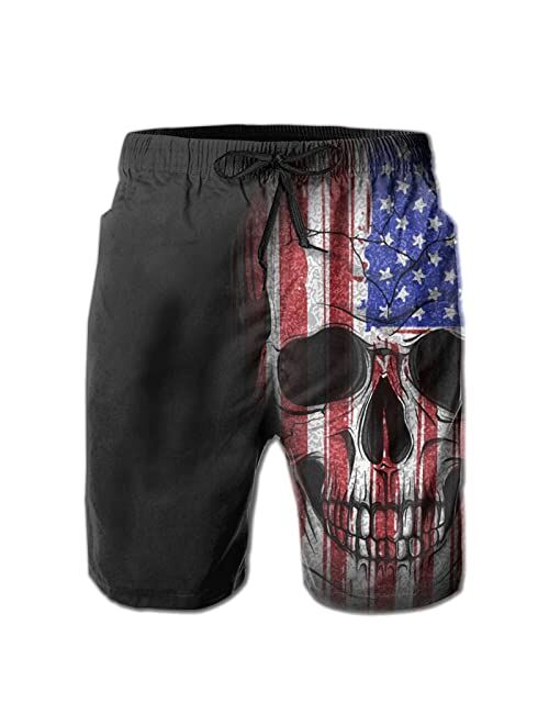 WZOMT Men's American Flag Skull Swim Trunks Quick Dry Bathing Suits Casual Beach Board Shorts with Cool Mesh Lining